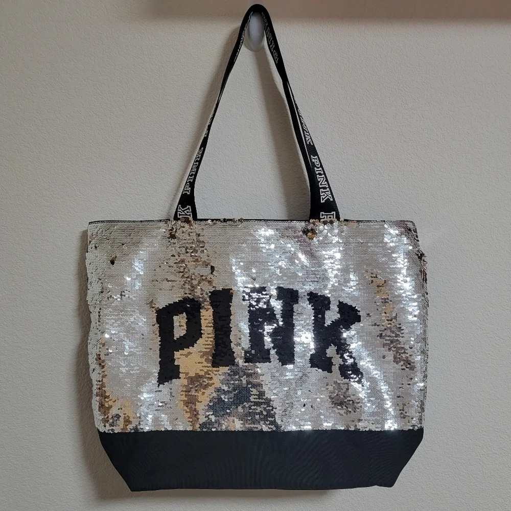 PINK Victoria's Secret Silver and Black Sequin Tote